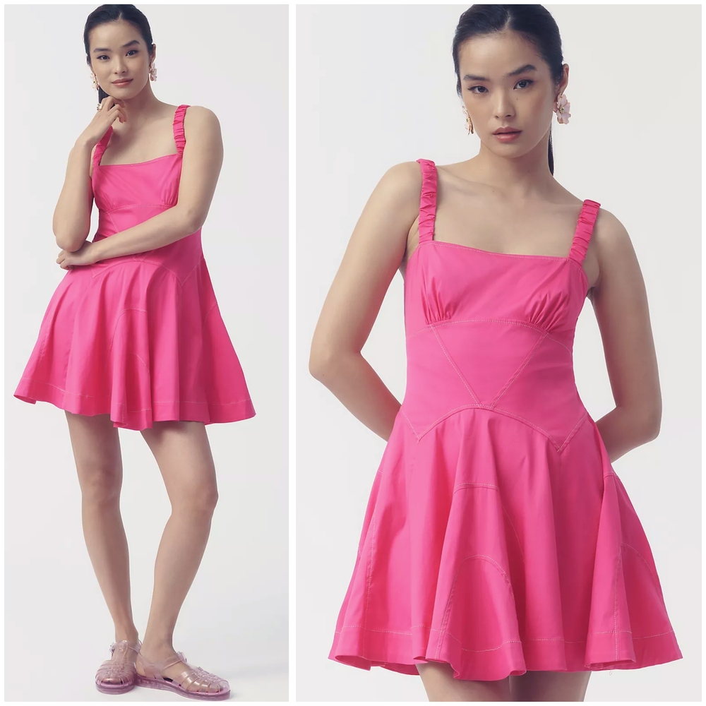 By Anthropologie Plunge Drop-Waist A-Line Mini Dress In Pink